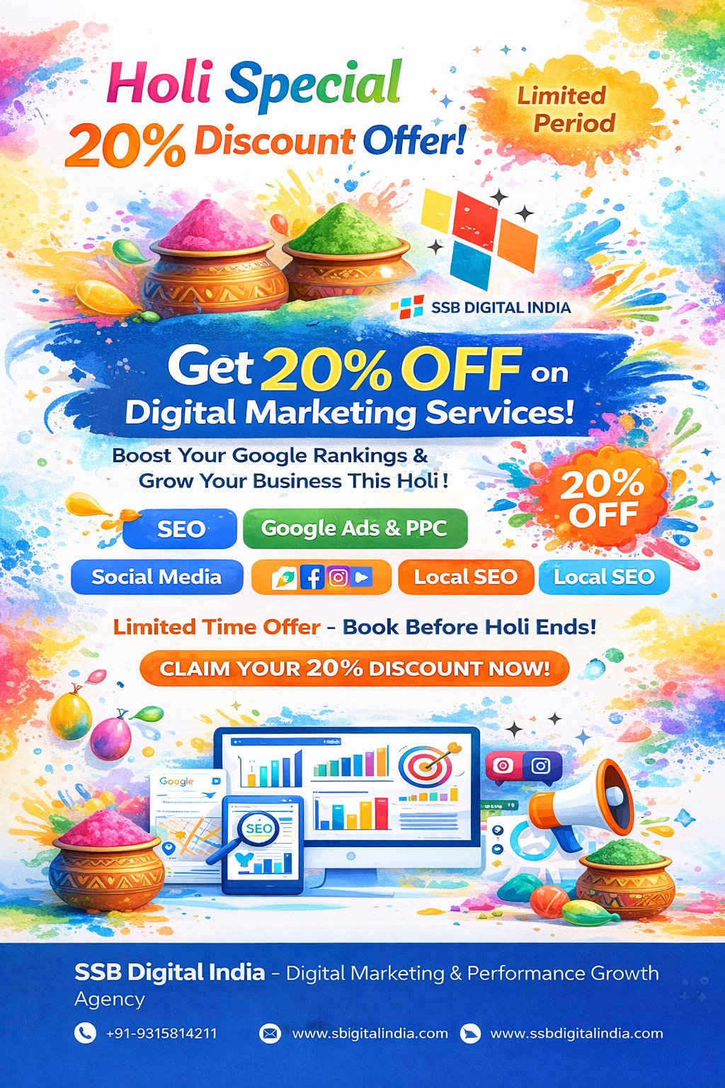 Holi Special 20% Discount Offer – Grow Your Business with SSB Digital India